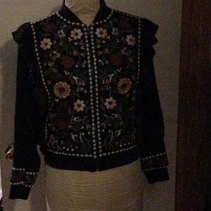 Zara Black Bomber Jacket with Floral Embroidery